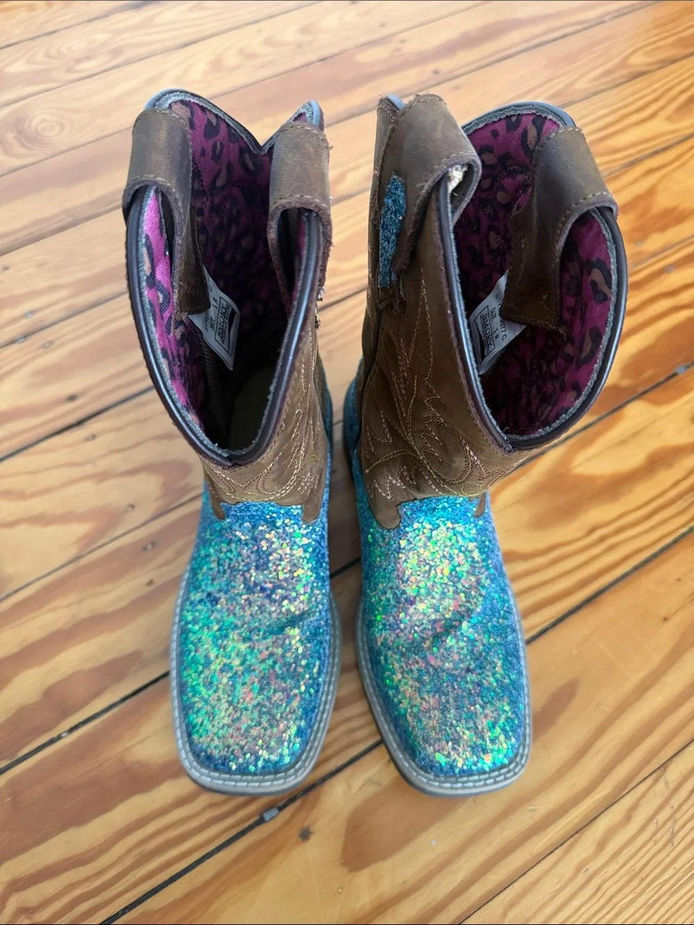 Kids Brown Leather & Teal Glitter Western Boots
